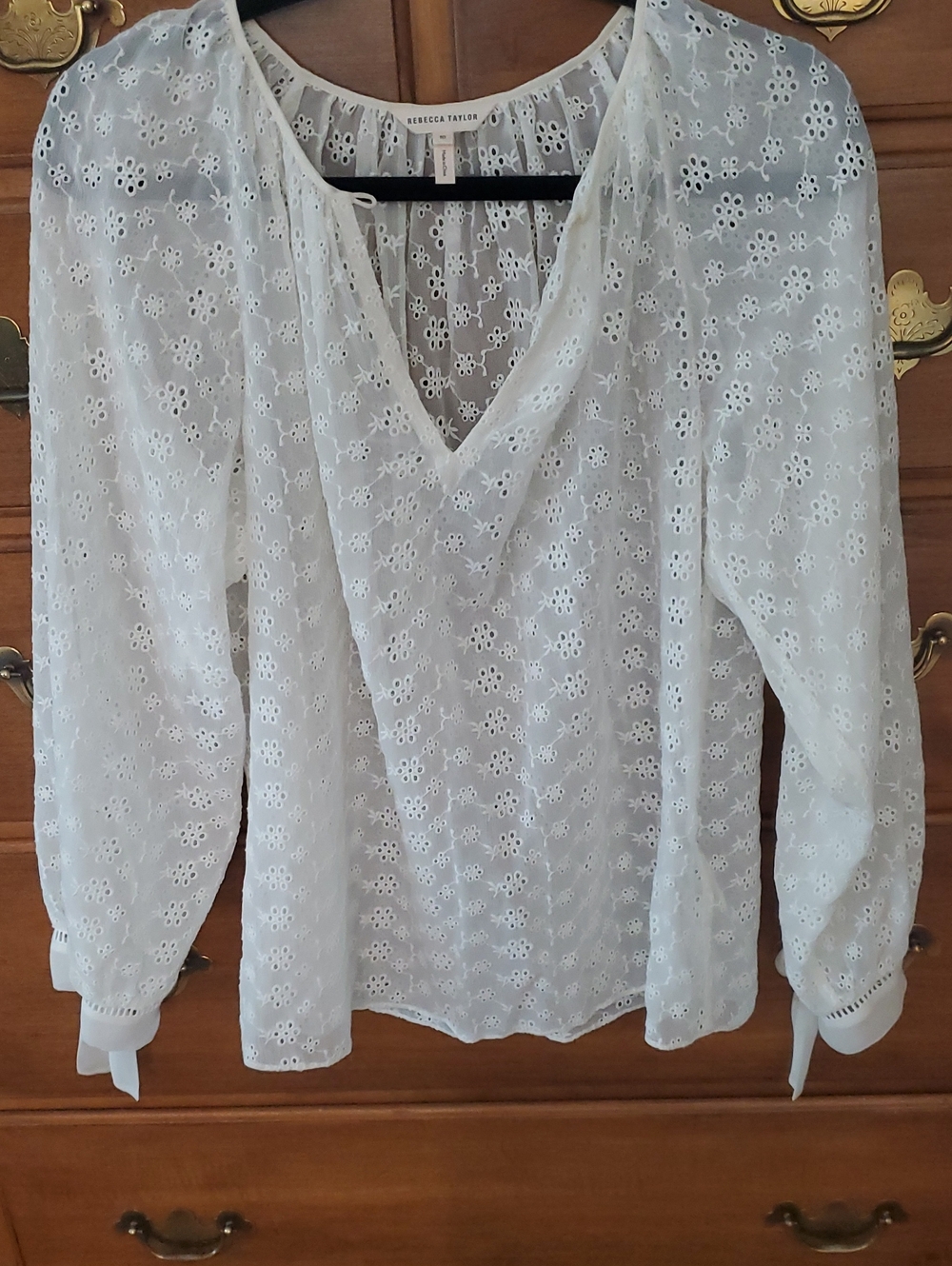 Rebecca Taylor Silk Peasant Style Cream Eyelet Tie-Sleeve Blouse